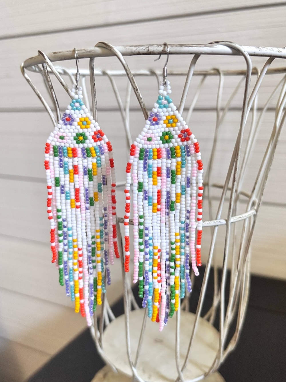 Daisy Beaded Boho Statement Fringe Dangle Earrings NEW